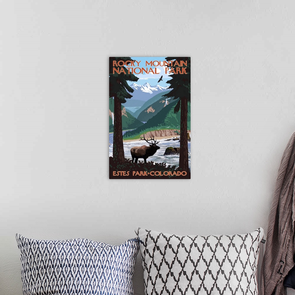 A bohemian room featuring Rocky Mountain National Park, Estes Park: Retro Travel Poster