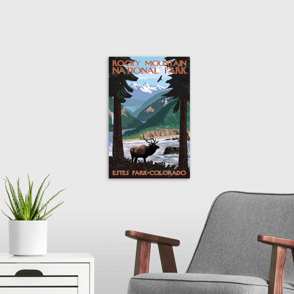 A modern room featuring Rocky Mountain National Park, Estes Park: Retro Travel Poster