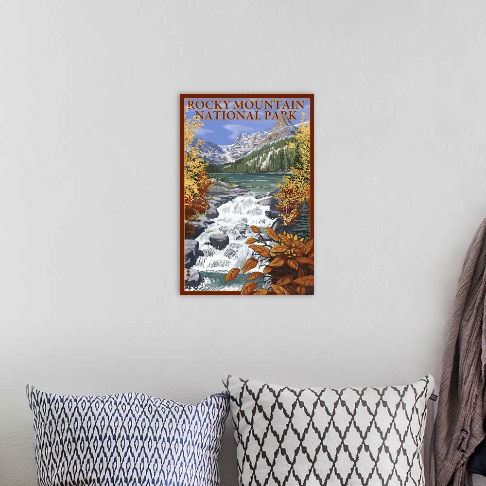 A bohemian room featuring Rocky Mountain National Park - Lake Scene: Retro Travel Poster