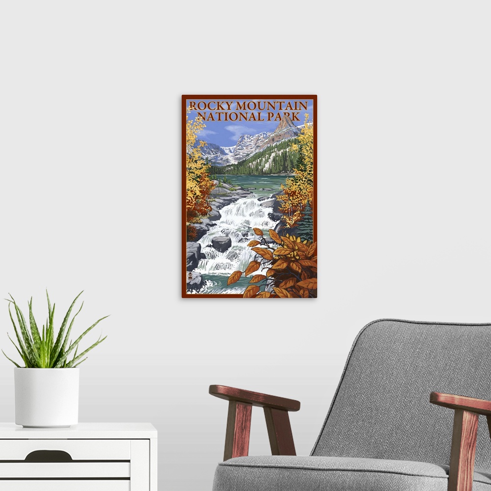A modern room featuring Rocky Mountain National Park - Lake Scene: Retro Travel Poster