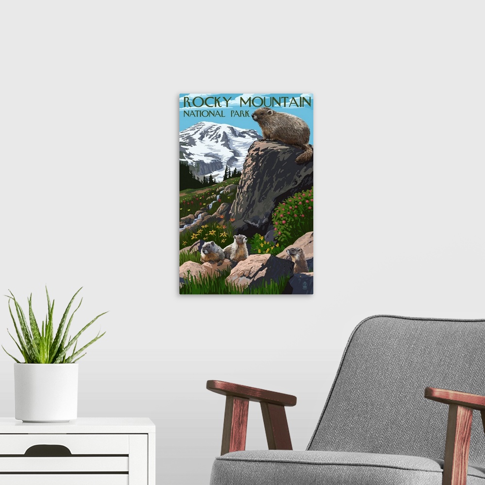 A modern room featuring Rocky Mountain National Park - Marmots: Retro Travel Poster