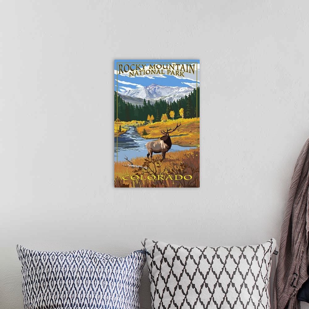 A bohemian room featuring Rocky Mountain National Park, Moose In Field: Retro Travel Poster