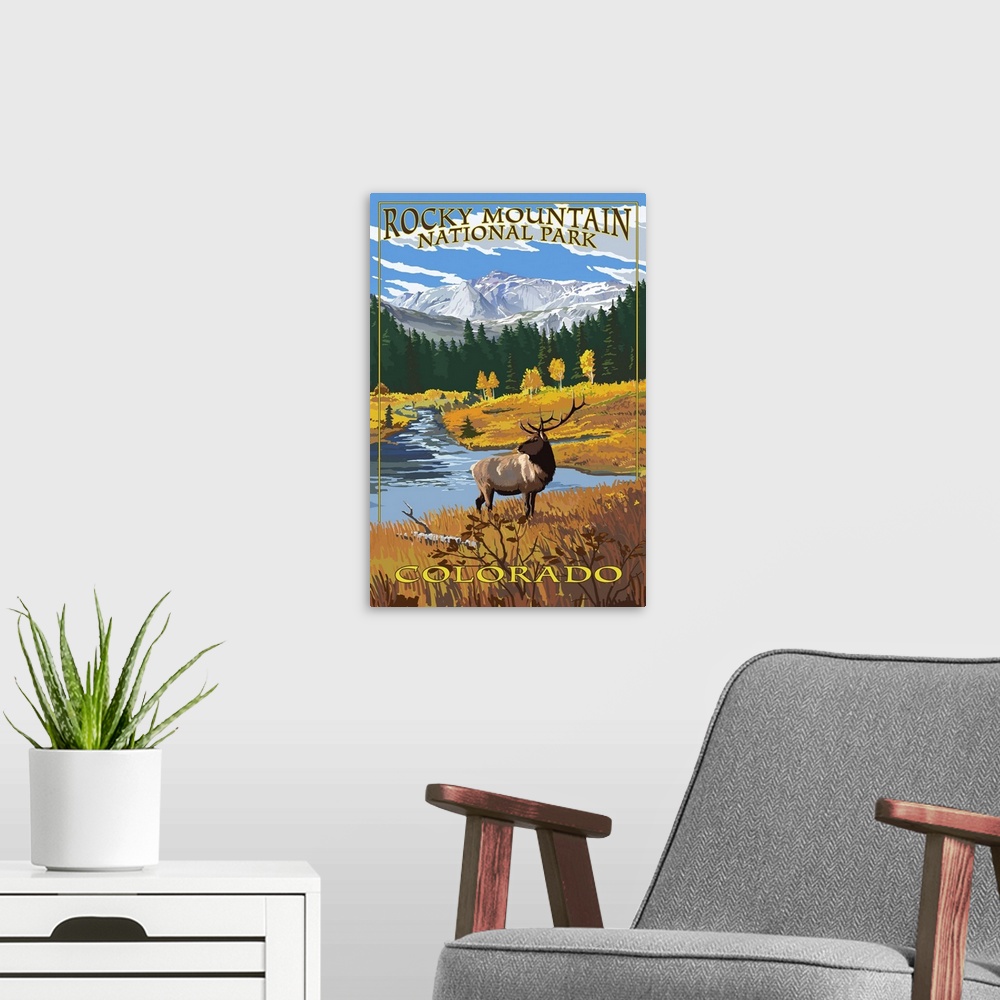 A modern room featuring Rocky Mountain National Park, Moose In Field: Retro Travel Poster
