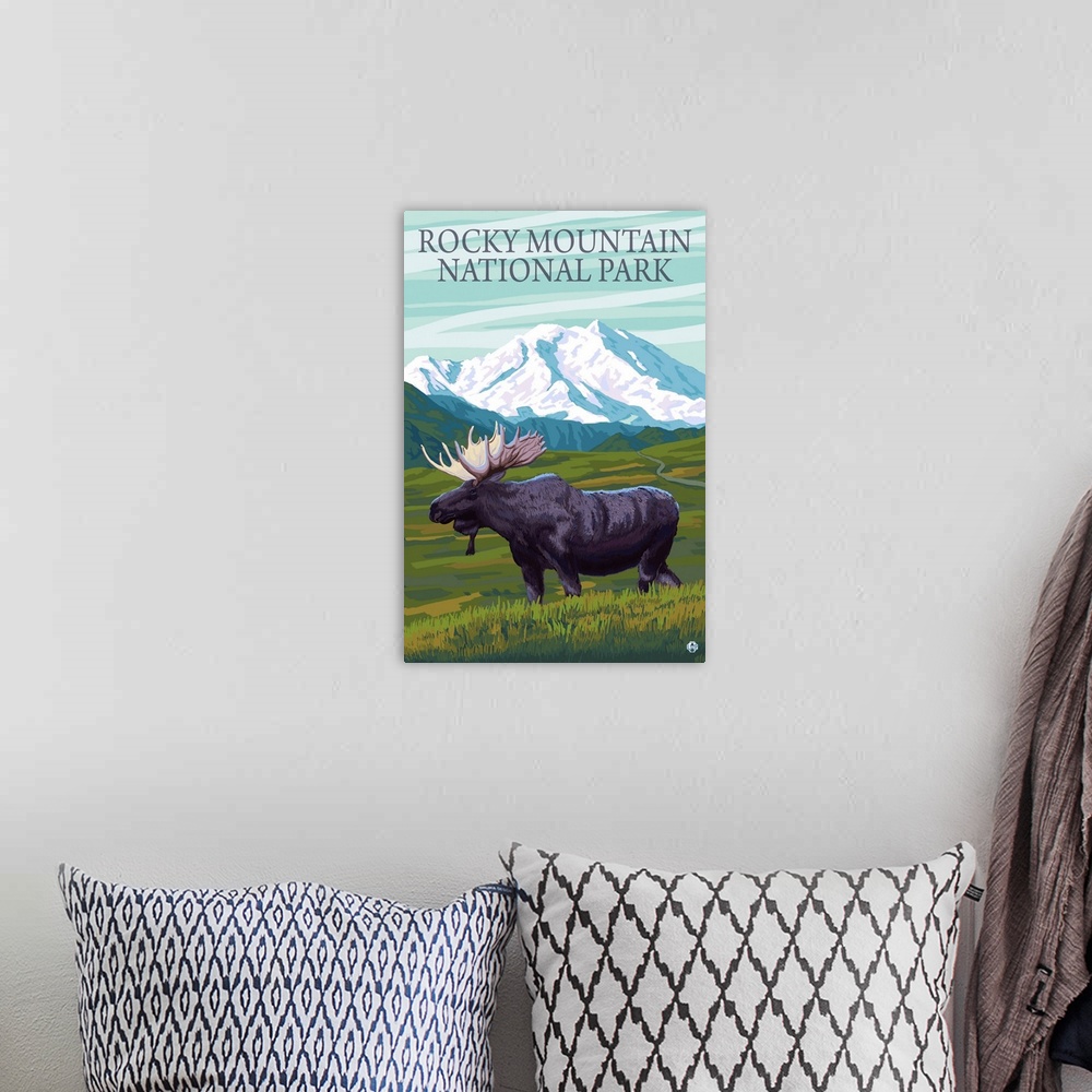 A bohemian room featuring Rocky Mountain National Park, Moose: Retro Travel Poster
