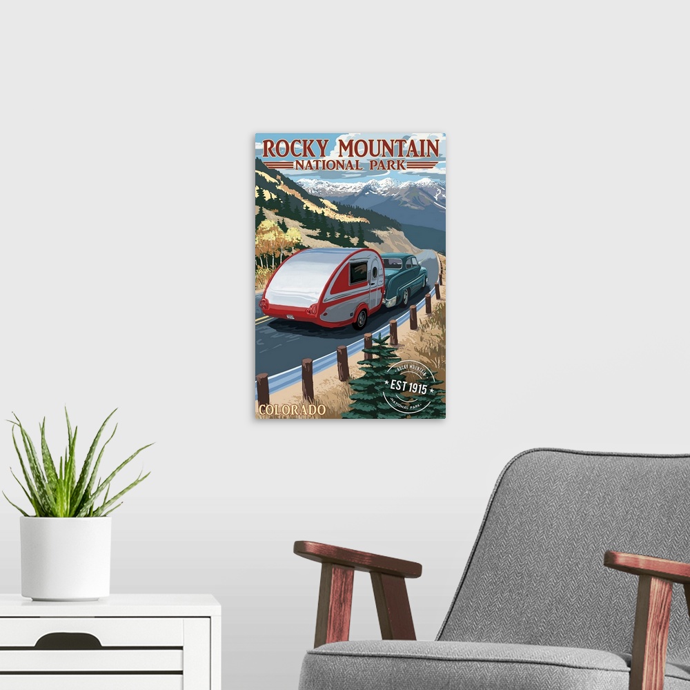 A modern room featuring Rocky Mountain National Park, Retro Camper, Rubber Stamp
