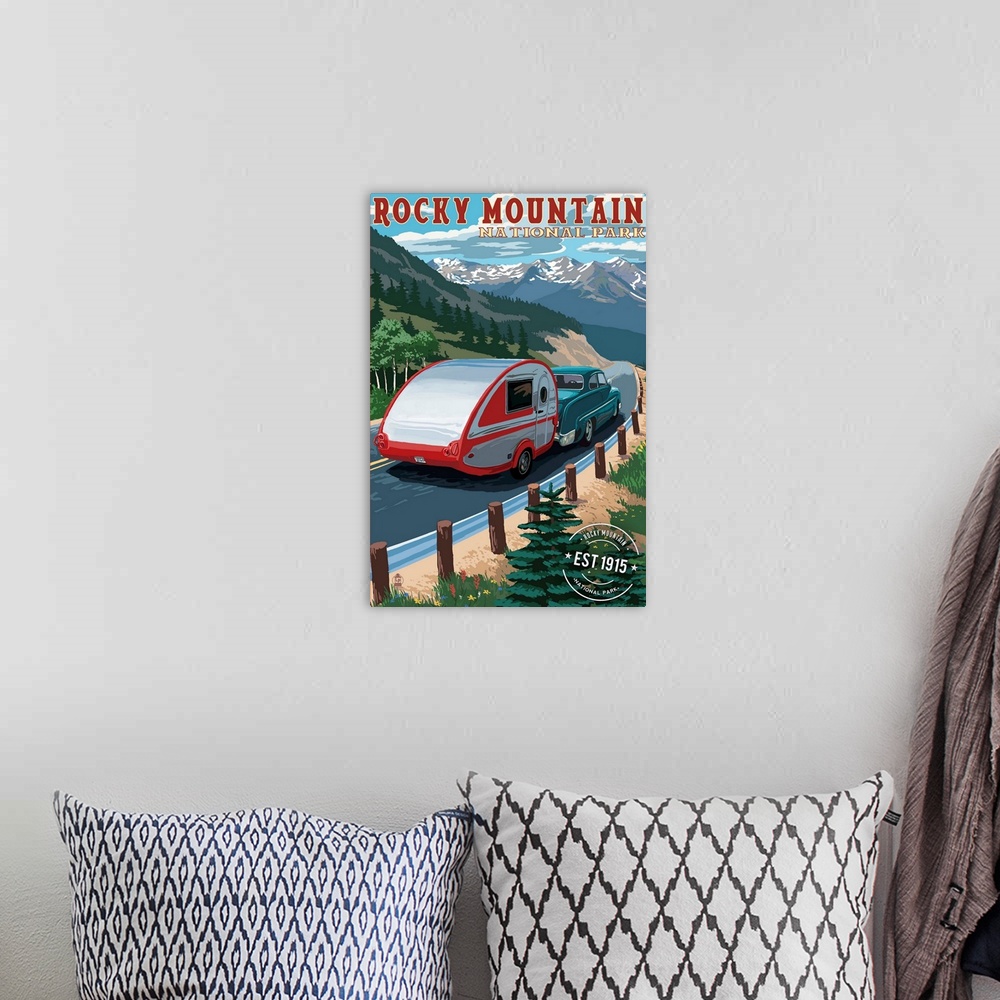 A bohemian room featuring Rocky Mountain National Park, Retro Camper, Rubber Stamp