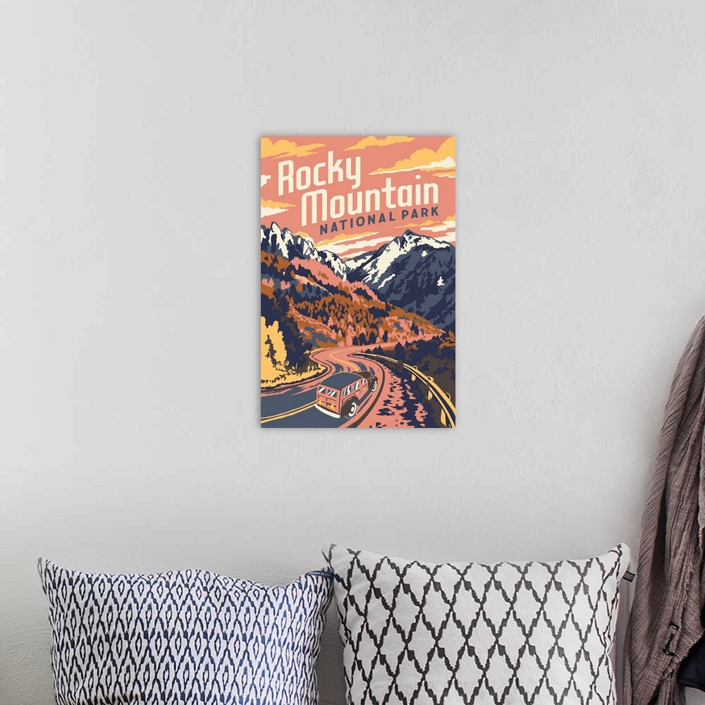 A bohemian room featuring Rocky Mountain National Park, Road Trip: Retro Travel Poster