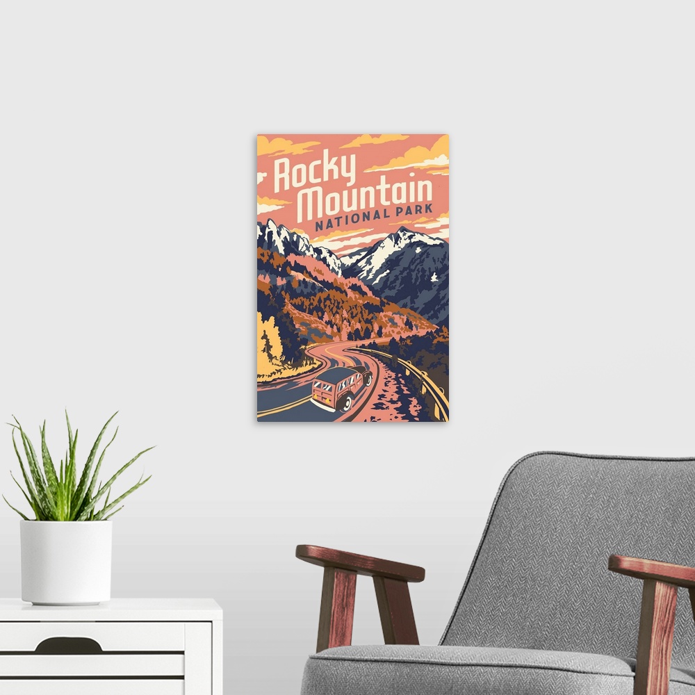 A modern room featuring Rocky Mountain National Park, Road Trip: Retro Travel Poster