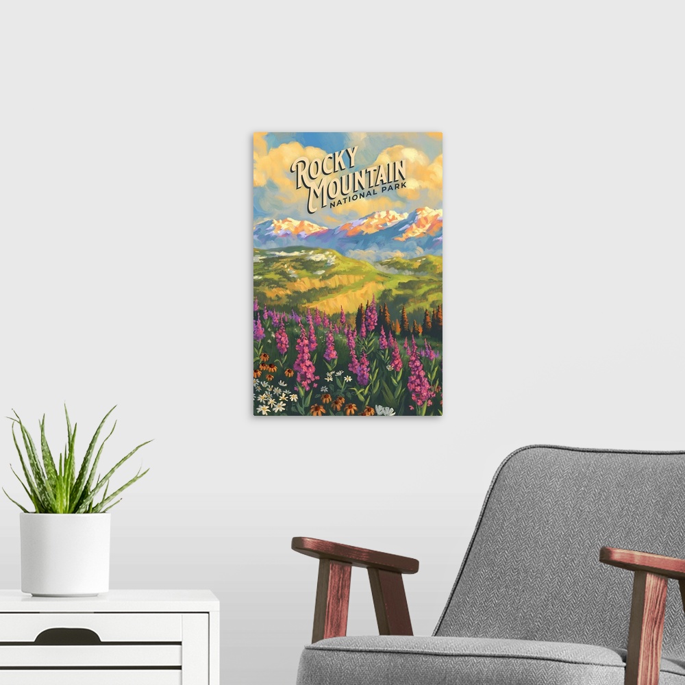 A modern room featuring Rocky Mountain National Park, Wildflowers: Retro Travel Poster