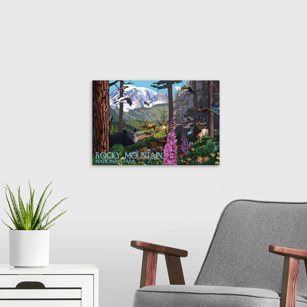 A modern room featuring Rocky Mountain National Park - Wildlife Utopia: Retro Travel Poster