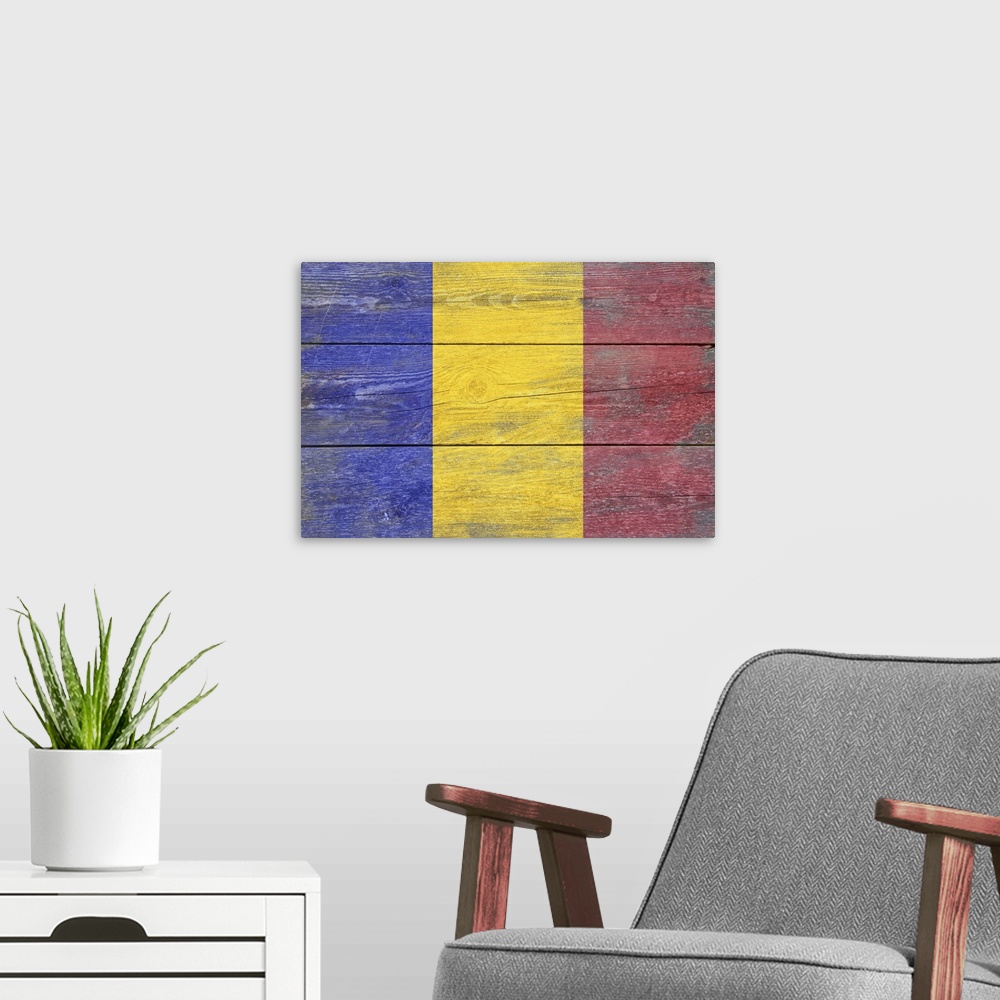 A modern room featuring The flag of Romania with a weathered wooden board effect.