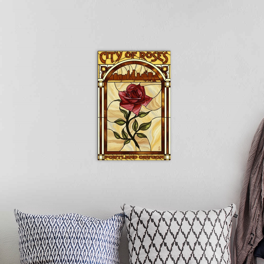 A bohemian room featuring Rose and Skyline Stained Glass - Portland, Oregon: Retro Travel Poster