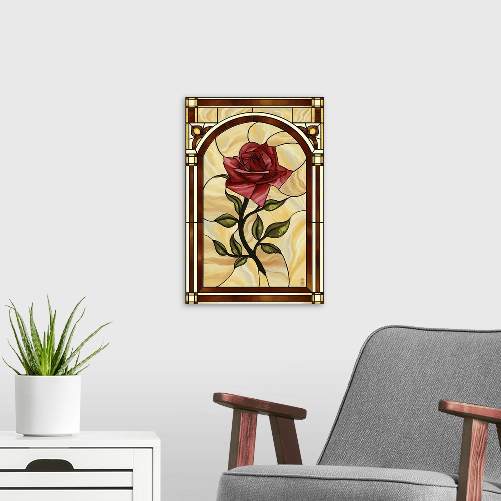 A modern room featuring Rose Stained Glass: Retro Poster Art