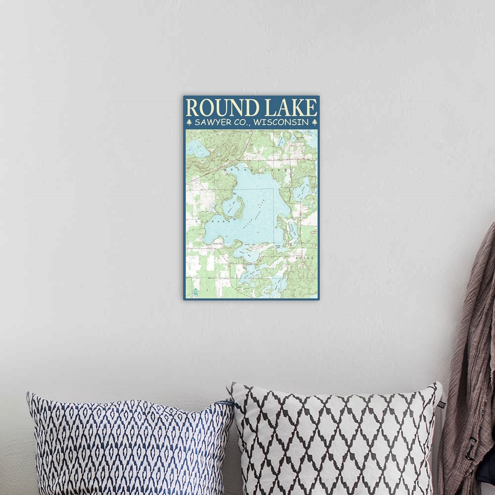A bohemian room featuring Round Lake Chart - Sawyer County, Wisconsin: Retro Travel Poster
