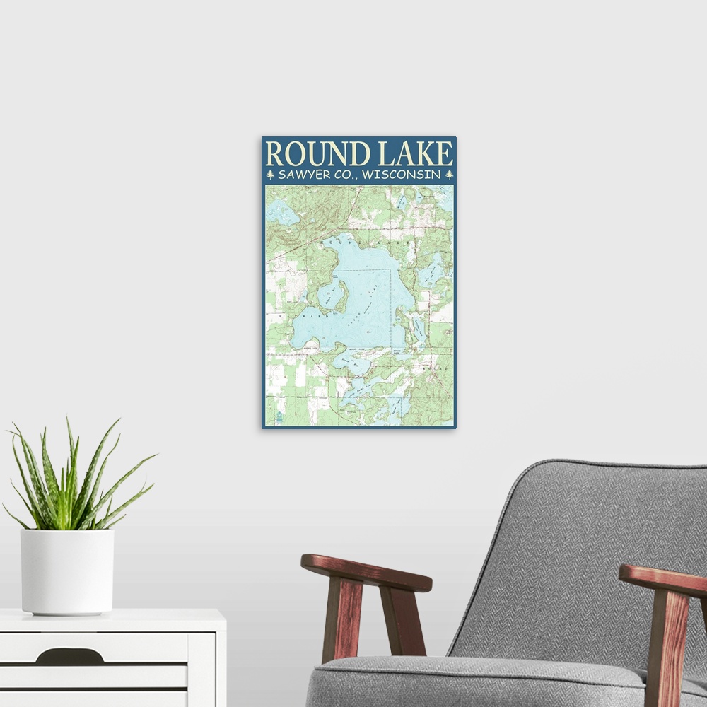 A modern room featuring Round Lake Chart - Sawyer County, Wisconsin: Retro Travel Poster