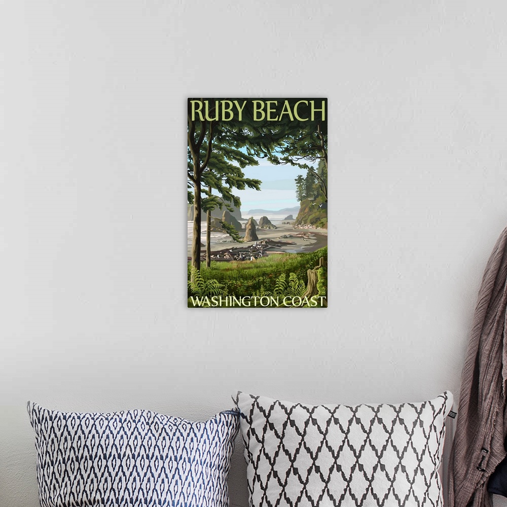 A bohemian room featuring Ruby Beach, Washington Coast: Retro Travel Poster