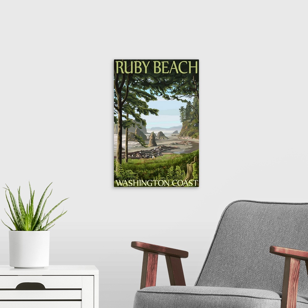 A modern room featuring Ruby Beach, Washington Coast: Retro Travel Poster