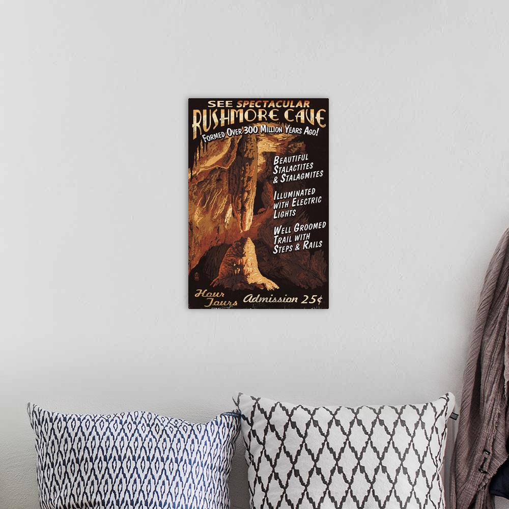 A bohemian room featuring Rushmore Cave - Keystone, South Dakota - Vintage Sign: Retro Travel Poster