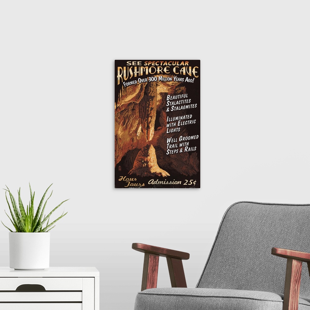 A modern room featuring Rushmore Cave - Keystone, South Dakota - Vintage Sign: Retro Travel Poster