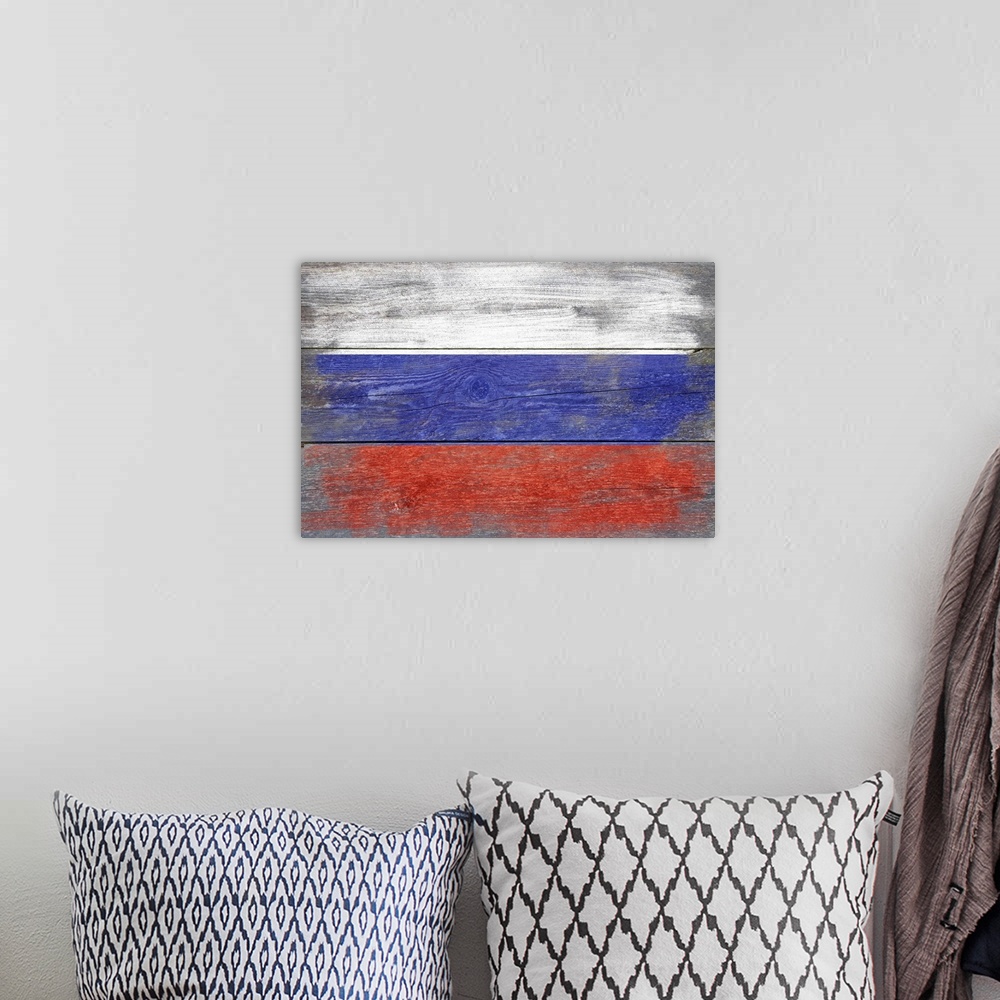 A bohemian room featuring The flag of Russia with a weathered wooden board effect.