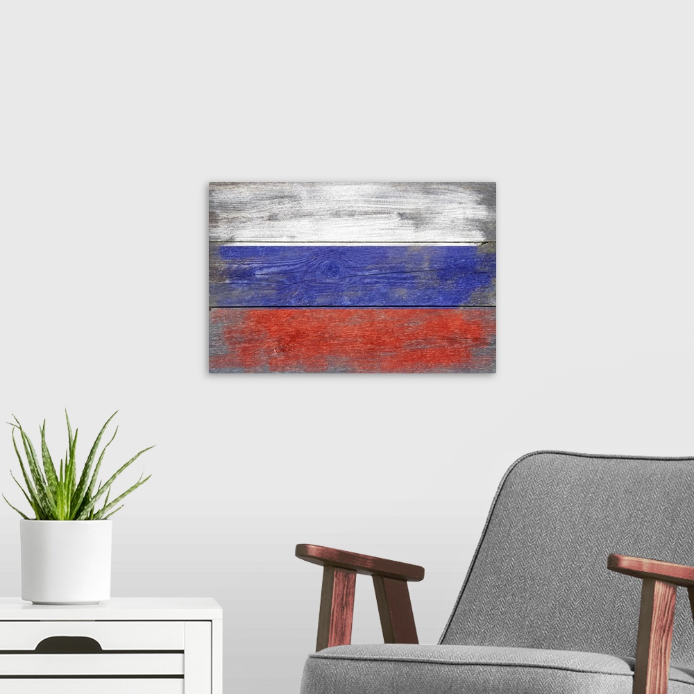 A modern room featuring The flag of Russia with a weathered wooden board effect.