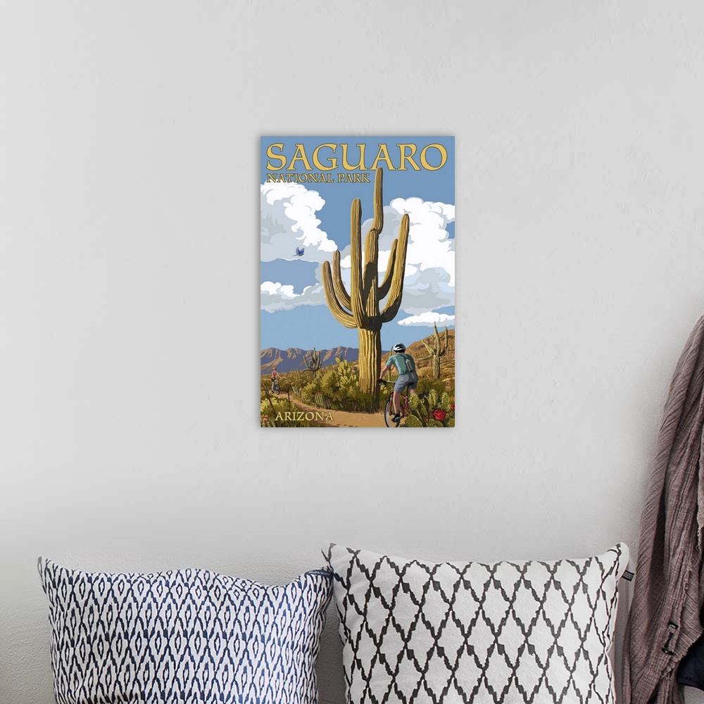 A bohemian room featuring Saguaro National Park, Arizona - Bicycling Scene: Retro Travel Poster