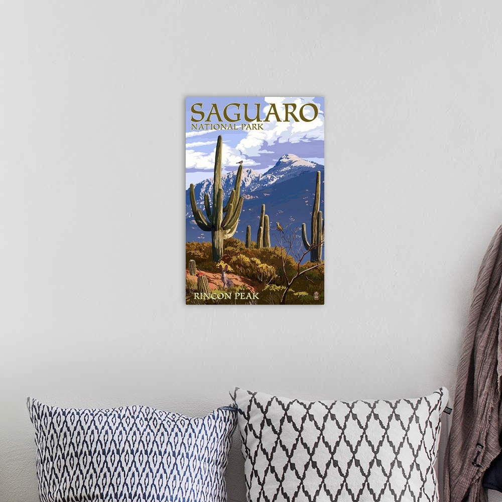 A bohemian room featuring Saguaro National Park, Arizona - Rincon Peak: Retro Travel Poster