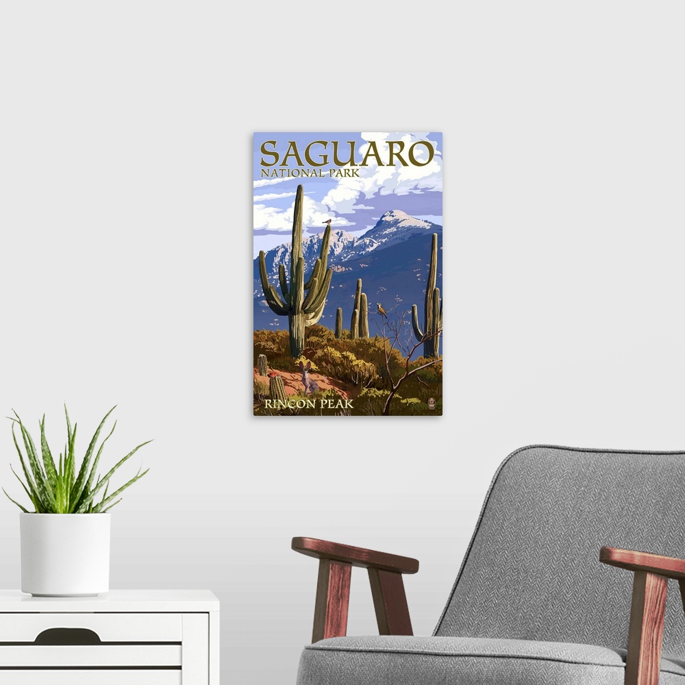 A modern room featuring Saguaro National Park, Arizona - Rincon Peak: Retro Travel Poster