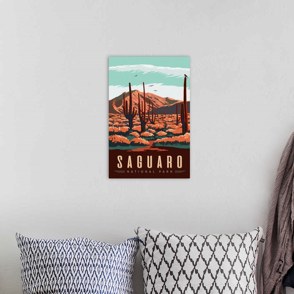 A bohemian room featuring Saguaro National Park, Cactus Landscape: Graphic Travel Poster