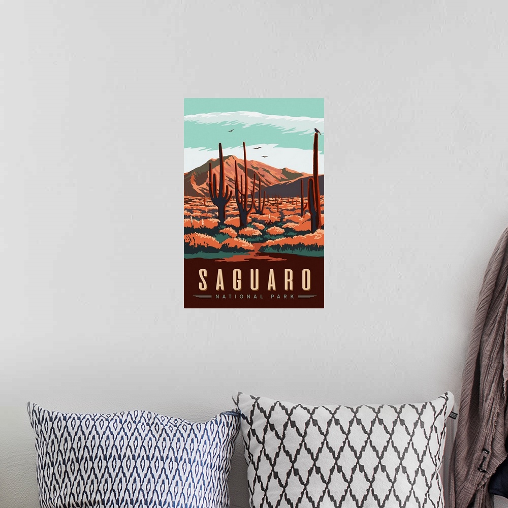A bohemian room featuring Saguaro National Park, Cactus Landscape: Graphic Travel Poster