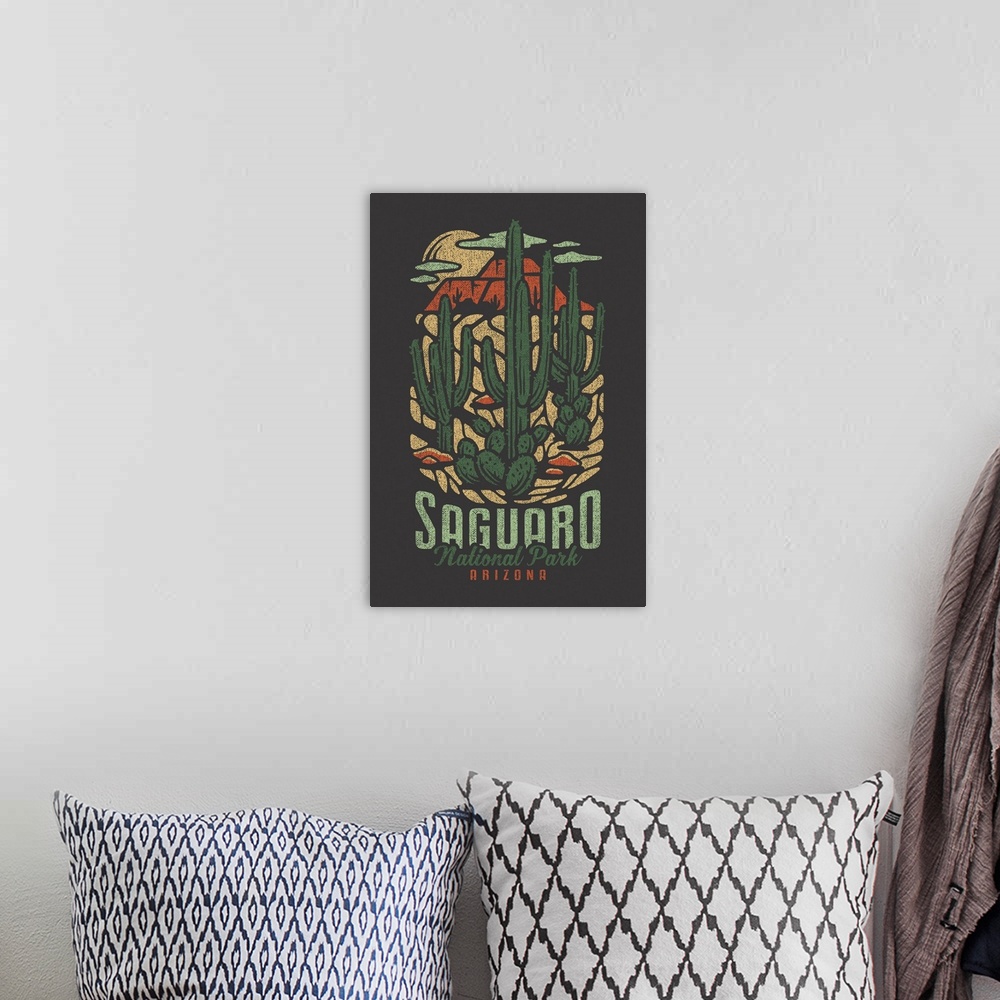 A bohemian room featuring Saguaro National Park, Cactus Night Landscape: Graphic Travel Poster