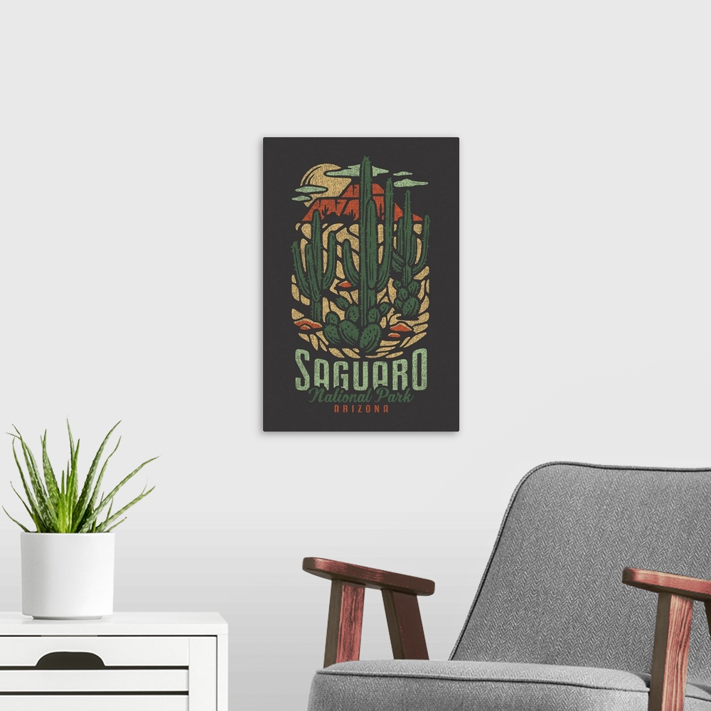 A modern room featuring Saguaro National Park, Cactus Night Landscape: Graphic Travel Poster