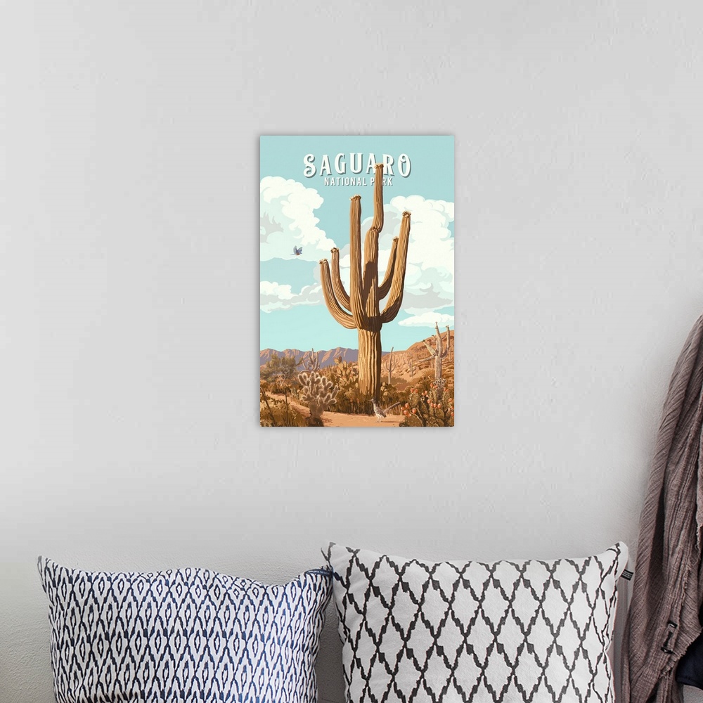 A bohemian room featuring Saguaro National Park, Cactus: Retro Travel Poster