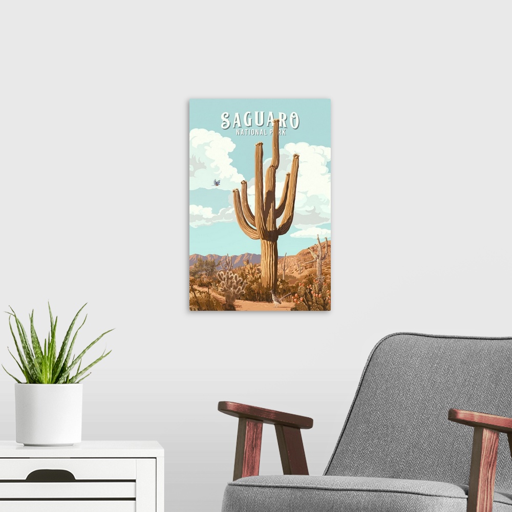 A modern room featuring Saguaro National Park, Cactus: Retro Travel Poster
