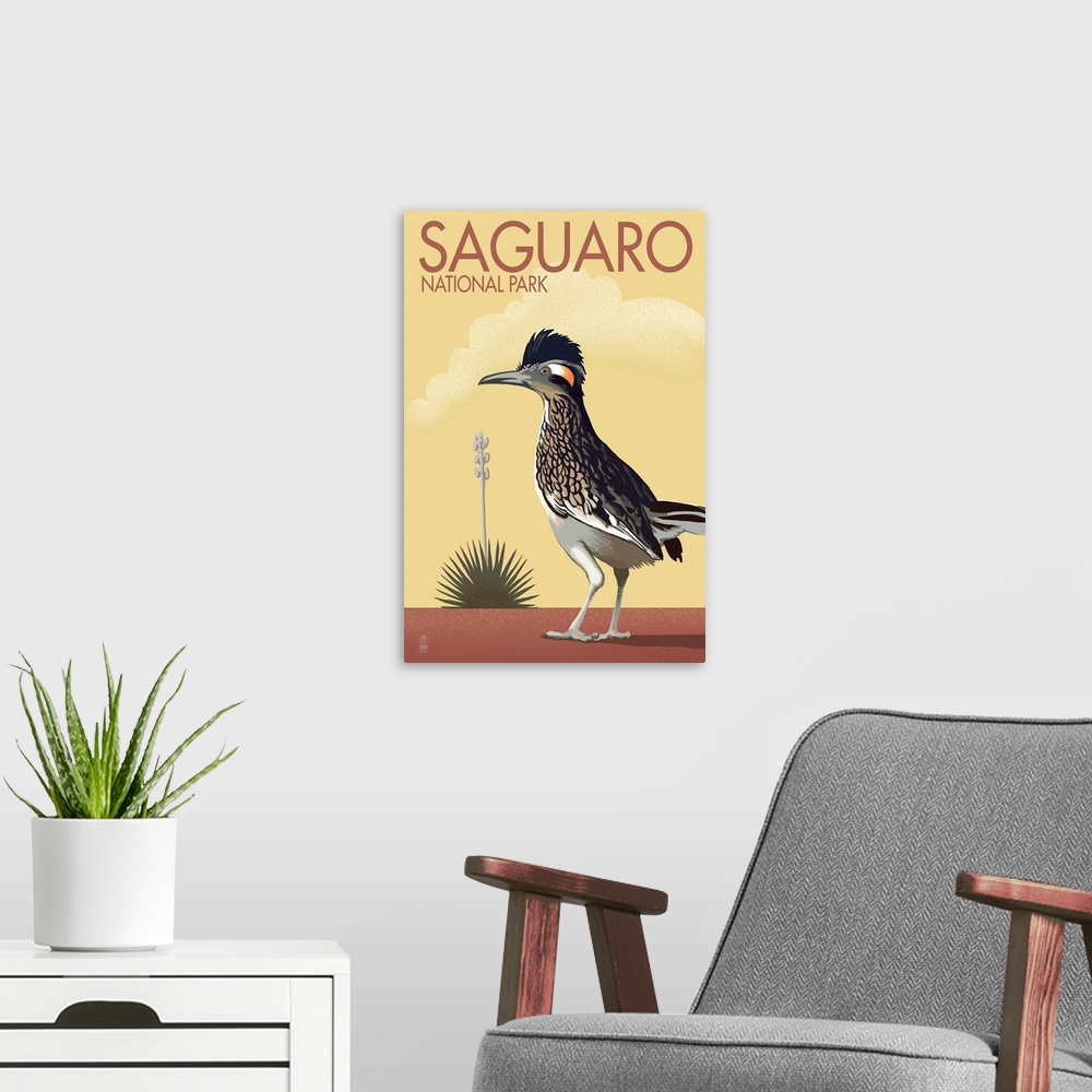 A modern room featuring Saguaro National Park, Greater Roadrunner: Retro Travel Poster