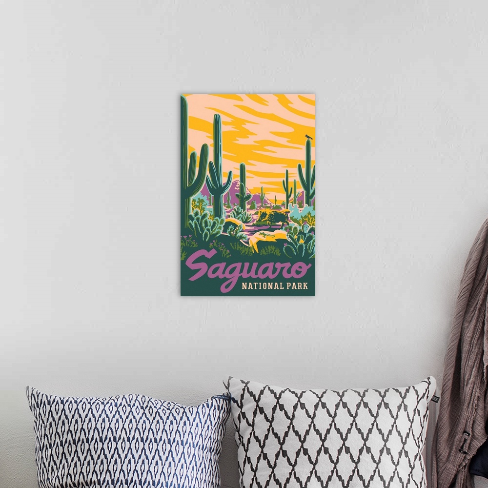 A bohemian room featuring Saguaro National Park, Jewel Toned Landscape: Graphic Travel Poster