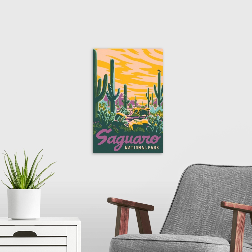 A modern room featuring Saguaro National Park, Jewel Toned Landscape: Graphic Travel Poster
