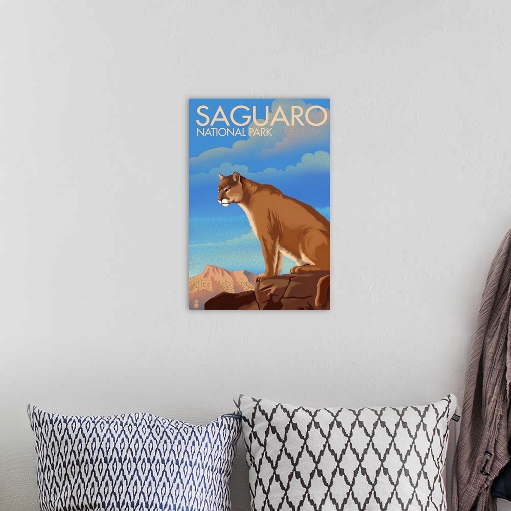 A bohemian room featuring Saguaro National Park, Mountain Lion: Retro Travel Poster