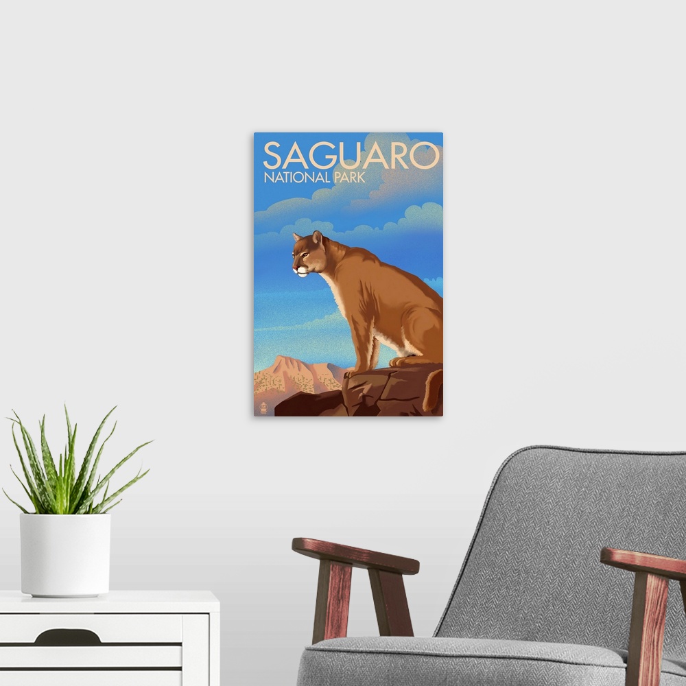 A modern room featuring Saguaro National Park, Mountain Lion: Retro Travel Poster
