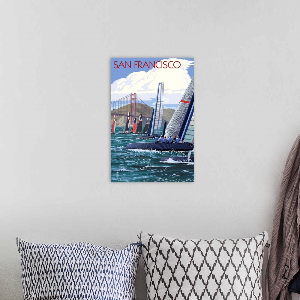 A bohemian room featuring Sailboat Race - San Francisco, CA: Retro Travel Poster