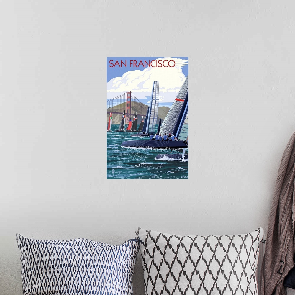 A bohemian room featuring Sailboat Race - San Francisco, CA: Retro Travel Poster