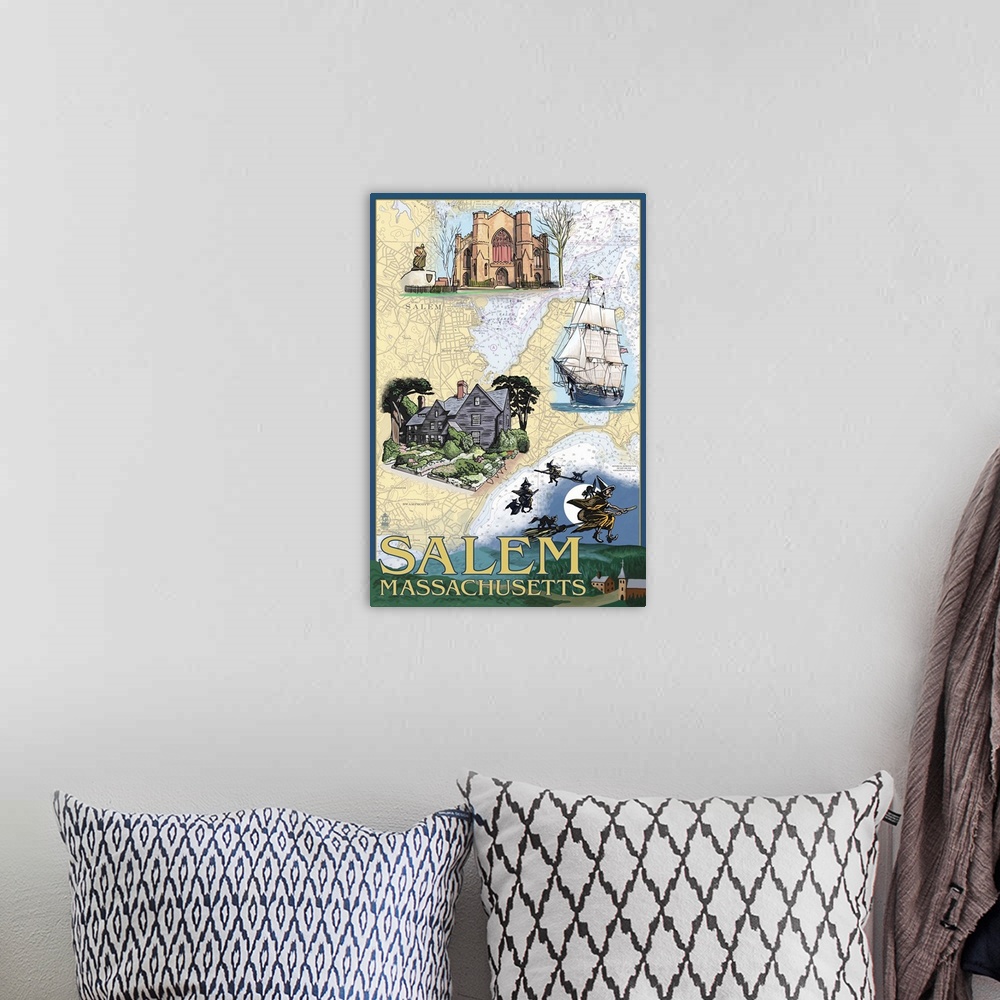A bohemian room featuring Retro stylized art poster of montage of image against a map background.