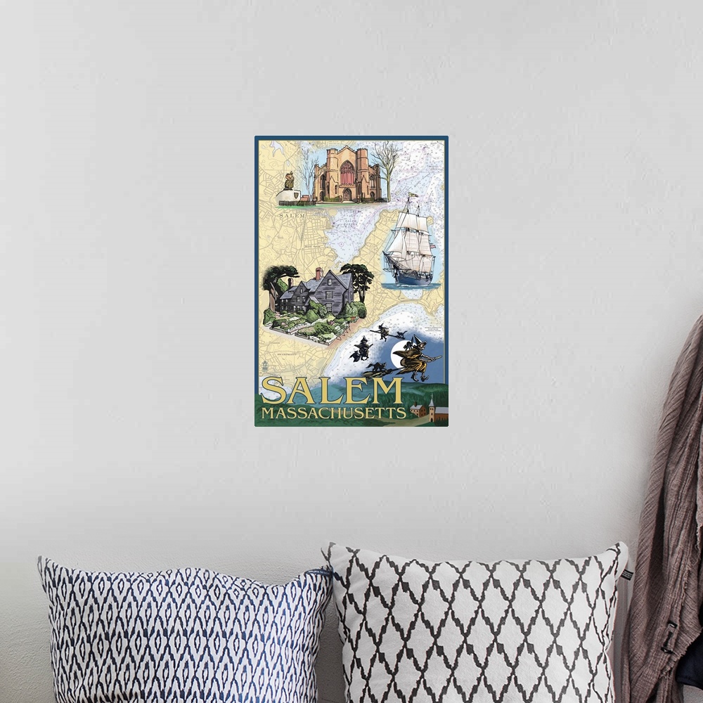 A bohemian room featuring Retro stylized art poster of montage of image against a map background.