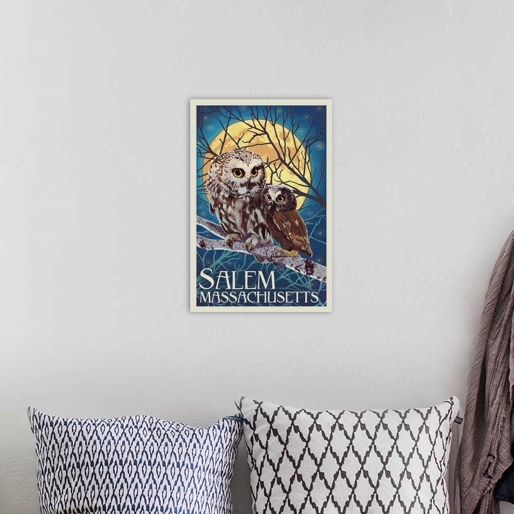 A bohemian room featuring Salem, Massachusetts - Owl and Owlet - Letterpress: Retro Travel Poster