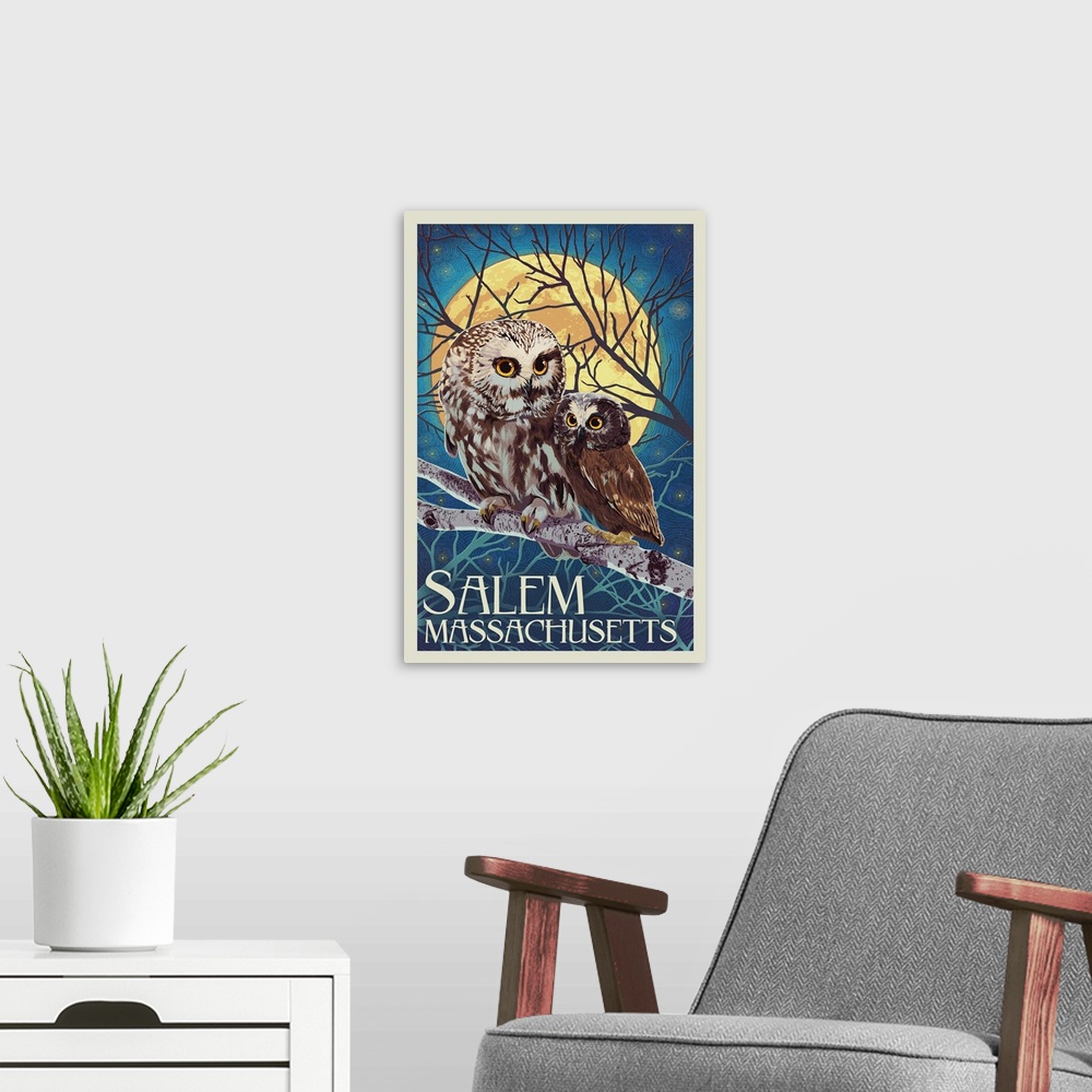 A modern room featuring Salem, Massachusetts - Owl and Owlet - Letterpress: Retro Travel Poster
