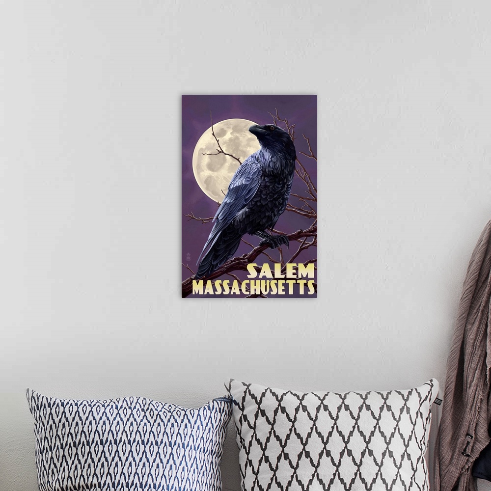 A bohemian room featuring Salem, Massachusetts - Raven and Moon Purple Sky: Retro Travel Poster