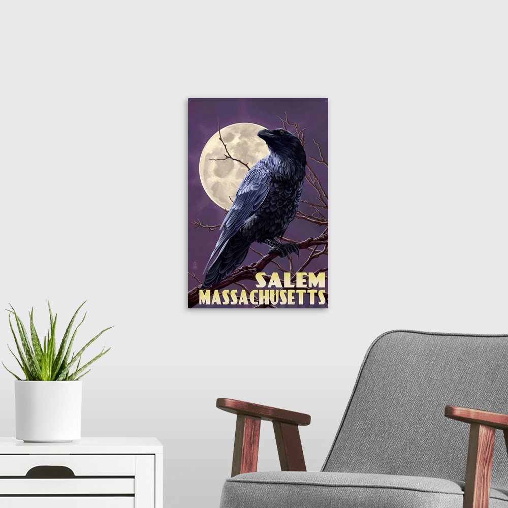 A modern room featuring Salem, Massachusetts - Raven and Moon Purple Sky: Retro Travel Poster