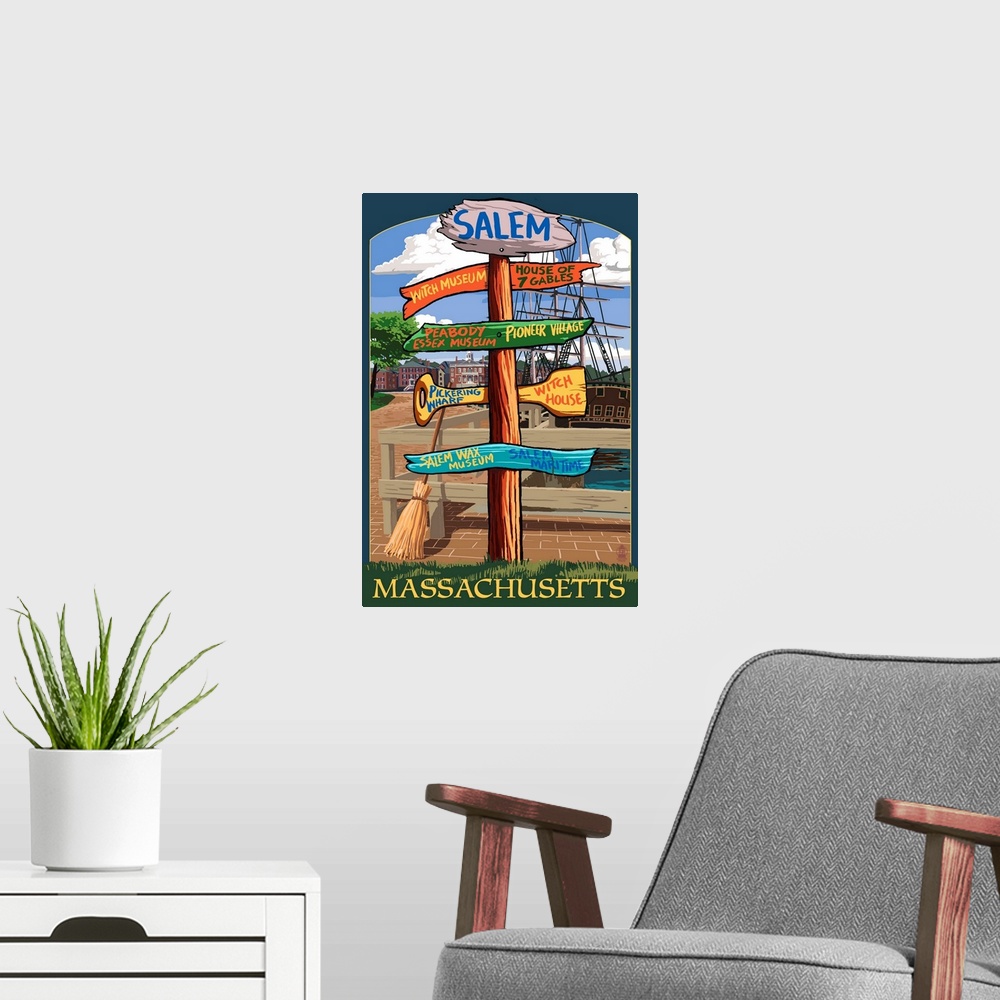 A modern room featuring Retro stylized art poster of a sign post showing signs for multiple directions.