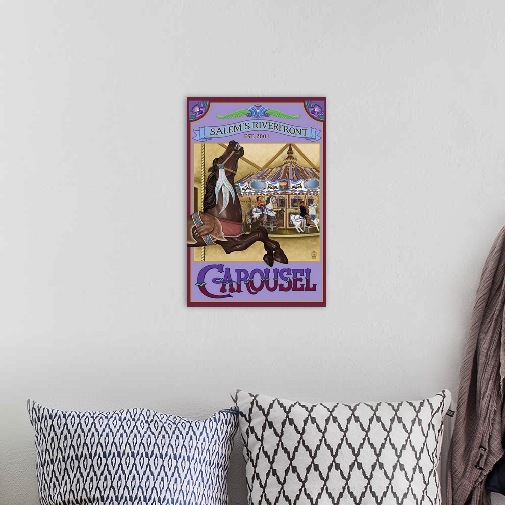 A bohemian room featuring Salem's Riverfront Carousel, Oregon: Retro Travel Poster