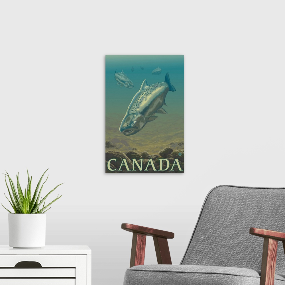 A modern room featuring Salmon View - Canada: Retro Travel Poster